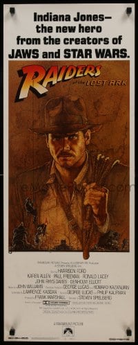 6c221 RAIDERS OF THE LOST ARK int'l insert 1981 art of adventurer Harrison Ford by Richard Amsel!