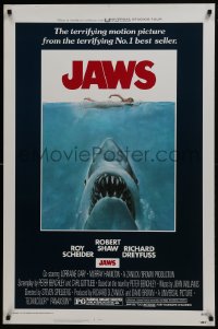 6c228 JAWS 1sh 1975 Kastel art of Steven Spielberg's classic man-eating shark attacking swimmer!