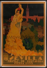 6c057 SEVILLA linen Spanish festival poster 1933 colorful Estela art of beautiful dancer by city!