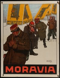 6c011 MORA MORAVIA 38x50 Austrian advertising poster 1910 Karpellus art of men w/wood stove signs!