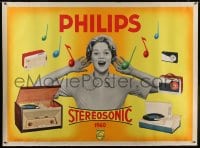 6c095 PHILIPS linen 46x63 French advertising poster 1960 Affif art of woman listening to 5 radios!