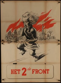 6c273 HET 2 DE FRONT 32x45 Dutch WWII war poster 1944 art of terrified child fleeing burning town!