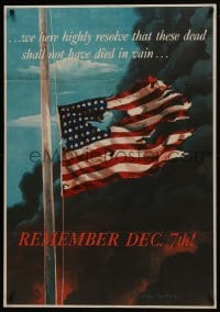 6c265 REMEMBER DEC. 7TH! 28x40 WWII war poster 1942 tattered half-mast American flag, Saalburg art!