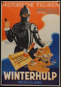 6c284 WINTERHULP 33x47 Dutch WWII war poster 1943 art of knight with paint, globe & document!