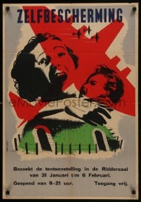 6c285 ZELFBESCHERMING 21x31 Dutch WWII war poster 1944 Hens art of bomber over scared mother & child!