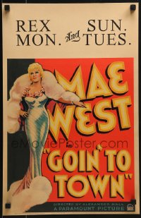6c172 GOIN' TO TOWN WC 1935 full-length art of sexiest Mae West in fancy dress with fur, rare!