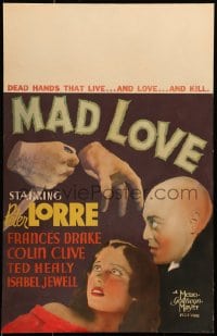 6c180 MAD LOVE WC 1935 Peter Lorre has transplanted dead hands that live and love and kill, rare!