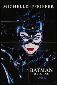 6f077 BATMAN RETURNS teaser 1sh 1992 Tim Burton, Michelle Pfeiffer as Catwoman, dated design!