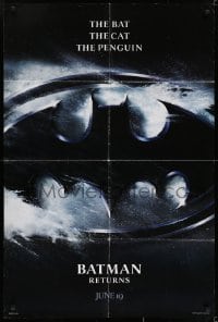 6f078 BATMAN RETURNS teaser DS 1sh 1992 Burton, Keaton, The Bat, The Cat, The Penguin, logo design!