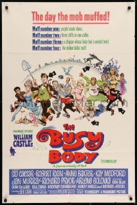 6f134 BUSY BODY 1sh 1967 William Castle, great wacky art of entire cast by Frank Frazetta!