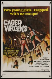 6f136 CAGED VIRGINS 1sh 1973 two sexy young girls trapped with no escape, great horror art!