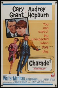 6f156 CHARADE 1sh 1963 art of tough Cary Grant & sexy Audrey Hepburn, expect the unexpected!