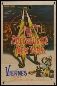 6f177 COLOSSUS OF NEW YORK 1sh 1958 great art of robot monster holding sexy girl & attacking!