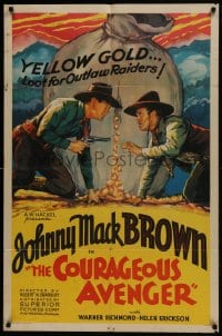 6f191 COURAGEOUS AVENGER 1sh 1935 Johnny Mack Brown, yellow gold is loot for outlaw raiders!