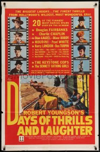 6f217 DAYS OF THRILLS & LAUGHTER 1sh 1961 Charlie Chaplin, Laurel & Hardy, cool train chase art!
