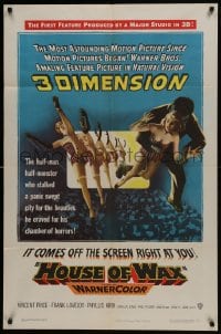 6f407 HOUSE OF WAX 3D 1sh 1953 art of monster & sexy girls kicking off the movie screen!