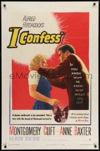 6f415 I CONFESS 1sh 1953 Alfred Hitchcock, art of Montgomery Clift grabbing Anne Baxter!