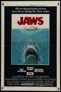 6f436 JAWS 1sh 1975 artwork of Steven Spielberg's classic man-eating shark attacking sexy swimmer!