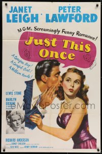 6f452 JUST THIS ONCE 1sh 1952 great art of Peter Lawford whispering to sexy Janet Leigh!