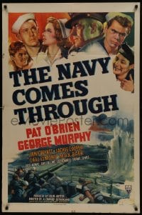 6f607 NAVY COMES THROUGH style A 1sh 1942 sailors Pat O'Brien, George Murphy, Desi Arnaz, cool WWII art!
