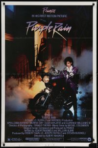 6f690 PURPLE RAIN 1sh 1984 great image of Prince riding motorcycle, in his first motion picture!