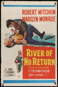 6f720 RIVER OF NO RETURN 1sh R1961 intense art of Robert Mitchum holding down sexy Marilyn Monroe!
