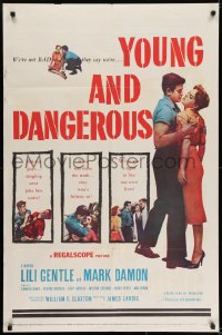 6f989 YOUNG & DANGEROUS 1sh 1957 hot-rod guys tangling over juke box cuties, parents don't get it!