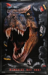 6g038 JURASSIC PARK 2 vinyl banner 1997 Spielberg, classic logo with T-Rex over red background!