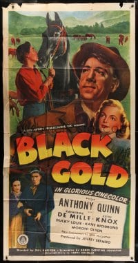 6j554 BLACK GOLD style B 3sh 1947 Anthony Quinn, Katharine DeMille, great horse racing image!