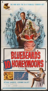6j560 BLUEBEARD'S 10 HONEYMOONS 3sh 1960 wild art of George Sanders with skeleton brides!
