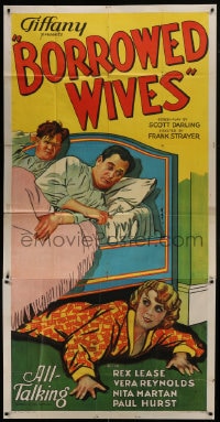 6j564 BORROWED WIVES 3sh 1930 art of Rex Lease watching Vera Reynolds crawling under his bed!