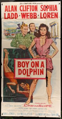 6j567 BOY ON A DOLPHIN 3sh 1957 art of Alan Ladd & sexiest Sophia Loren swimming underwater!