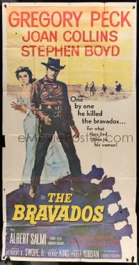 6j568 BRAVADOS 3sh 1958 full-length art of cowboy Gregory Peck with gun & sexy Joan Collins!