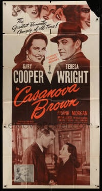6j581 CASANOVA BROWN 3sh R1953 great lover Gary Cooper loves Teresa Wright, Academy Award winner!