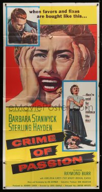 6j601 CRIME OF PASSION 3sh 1957 different image of horrified Barbara Stanwyck & Sterling Hayden!