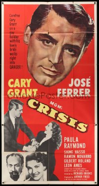 6j602 CRISIS 3sh 1950 great huge headshot artwork of Cary Grant, plus Paula Raymond & Jose Ferrer!