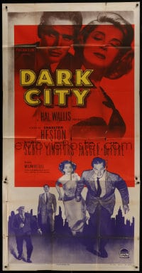 6j605 DARK CITY 3sh 1950 introducing Charlton Heston, sexy Lizabeth Scott, Chicago film noir!