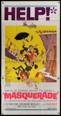 6j782 MASQUERADE 3sh 1965 Cliff Robertson, Marisa Mell, great wacky Jack Rickard artwork!