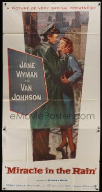 6j786 MIRACLE IN THE RAIN 3sh 1956 great romantic art of Jane Wyman & Van Johnson!
