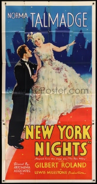 6j805 NEW YORK NIGHTS 3sh R1938 great art of Norma Talmadge & Gilbert Roland in New York, rare!