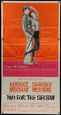 6j957 TWO FOR THE SEESAW 3sh 1962 Hooks art of Robert Mitchum & sexy beatnik Shirley MacLaine!