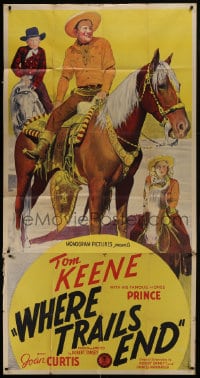6j977 WHERE TRAILS END 3sh 1942 great art of cowboy hero Tom Keene riding his horse, rare!