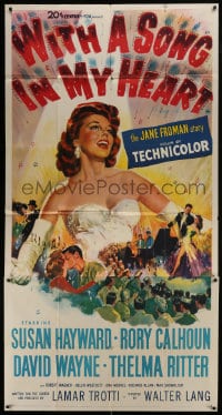 6j987 WITH A SONG IN MY HEART 3sh 1952 artwork of elegant Susan Hayward as singer Jane Froman!