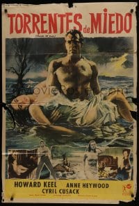 6j181 FLOODS OF FEAR Argentinean 1959 art of barechested Howard Keel holding sexy Anne Heywood!