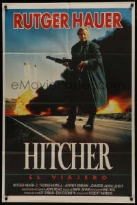 6j190 HITCHER Argentinean 1986 great image of Rutger Hauer with gun by explosion on highway!