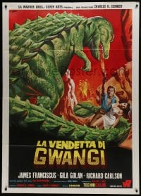 6j489 VALLEY OF GWANGI Italian 1p 1969 cool different art of man & woman w/dinosaur by Franco!