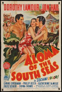 6k447 ALOMA OF THE SOUTH SEAS Aust 1sh 1941 art of sexy tropical Dorothy Lamour between two guys!