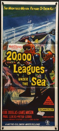 6k463 20,000 LEAGUES UNDER THE SEA Aust daybill R1960s Jules Verne classic, art of deep sea divers!