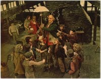 6m698 OLIVER roadshow color 11x14 still 1968 orphans gather around Ron Moody as Fagin holding umbrella!