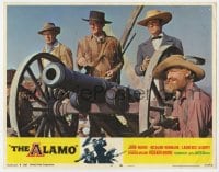 6m027 ALAMO LC #2 R1967 close up of John Wayne, Richard Widmark & Laurence Harvey by cannon!